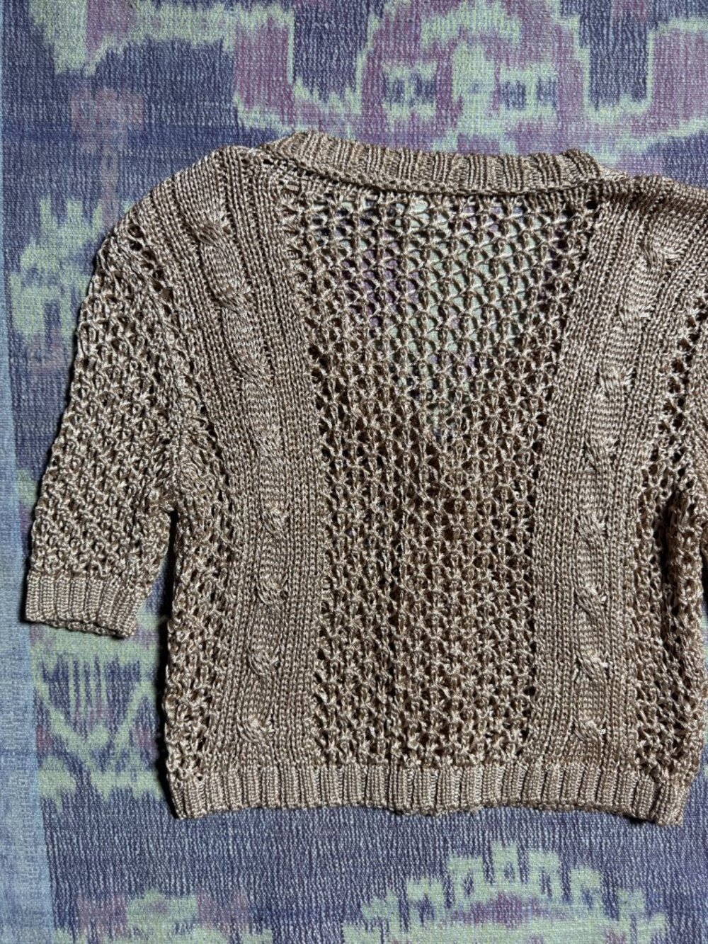 Vintage GAP Women Crochet Open Knit Short Sleeve Crop Cardigan Metallic Beige S - Picture 12 of 12
